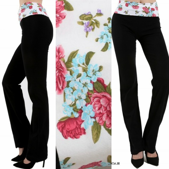 Black Floral Fold Over Stretch Yoga Pants Leggings - Picture 2 of 8